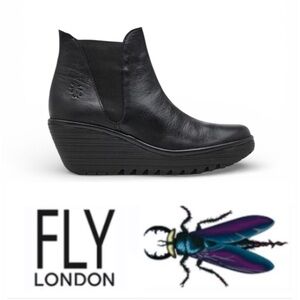 FLY LONDON Woss Black Leather Wedge Ankle Boot in Black Women’s EU 42